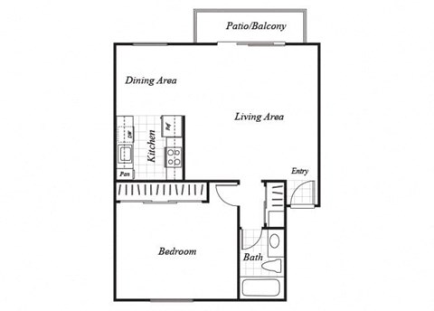 Floor plan for 1 bed, 1 bath, 672 sqft